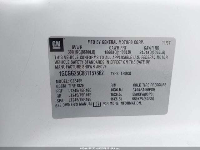 46179763 :رقم المزاد ، 1GCGG25C881157662 vin ، 2008 Chevrolet Express Work Van مزاد بيع