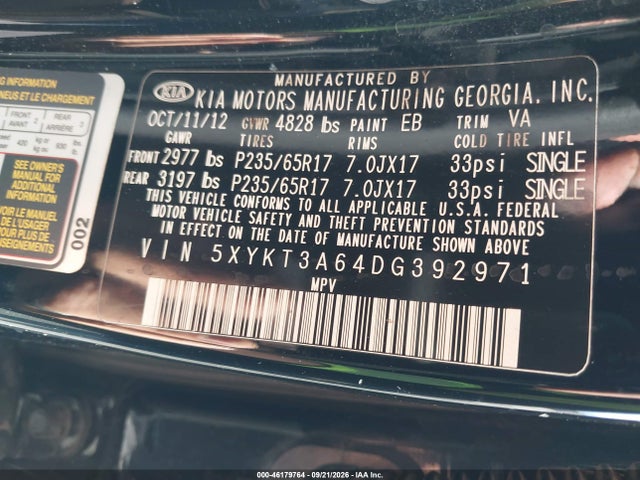 2013 Kia Sorento Lx მანქანა იყიდება აუქციონზე, vin: 5XYKT3A64DG392971, აუქციონის ნომერი: 46179764