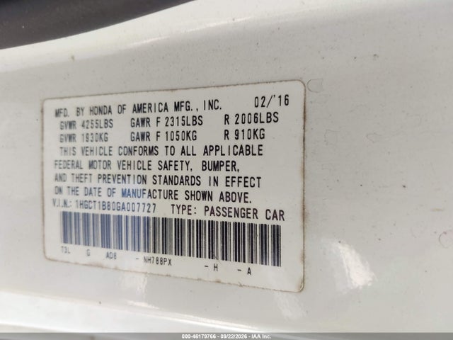 46179766 :رقم المزاد ، 1HGCT1B80GA007727 vin ، 2016 Honda Accord Ex-l مزاد بيع