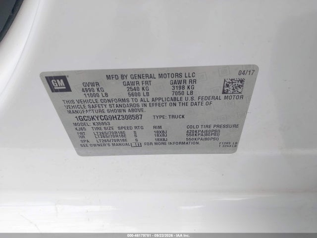 46179781 :رقم المزاد ، 1GC5KYCG9HZ308587 vin ، 2017 Chevrolet Silverado 3500hd Wt مزاد بيع