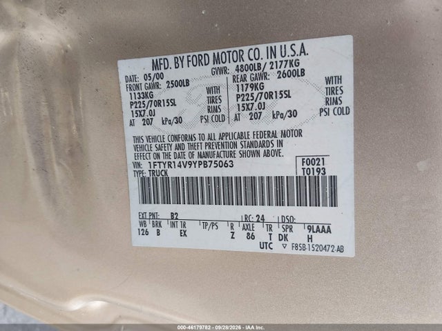 46179782 :رقم المزاد ، 1FTYR14V9YPB75063 vin ، 2000 Ford Ranger Xl/xlt مزاد بيع