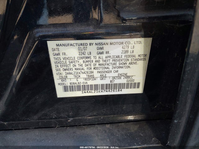 Продажа на аукционе авто 2007 Nissan Altima 2.5 S, vin: 1N4AL21EX7N426184, номер лота: 46179794