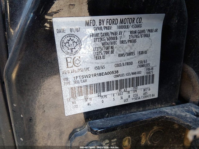 46179800 :رقم المزاد ، 1FTSW21R18EA00538 vin ، 2008 Ford F-250 Fx4/harley-davidson/king Ranch/lariat/xl/xlt مزاد بيع