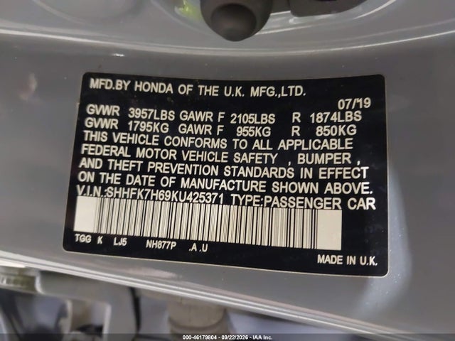 Aukcja sprzedaży 2019 Honda Civic Ex, vin: SHHFK7H69KU425371, numer aukcji: 46179804