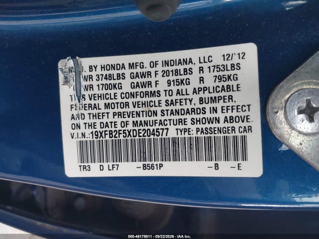 Aukcja sprzedaży 2013 Honda Civic Lx, vin: 19XFB2F5XDE204577, numer aukcji: 46179811