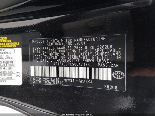 2005 Toyota Camry Solara Sle მანქანა იყიდება აუქციონზე, vin: 4T1FA38PX5U047185, აუქციონის ნომერი: 46179812