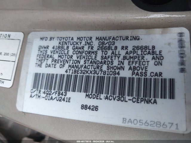 Продаж на аукціоні авто 2003 Toyota Camry Le, vin: 4T1BE32KX3U781094, номер лоту: 46179818