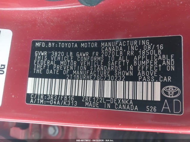 46179832 :رقم المزاد ، 2T1BURHE7GC730232 vin ، 2016 Toyota Corolla Le مزاد بيع
