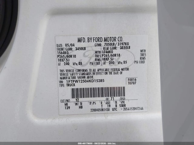 Aukcja sprzedaży 2004 Ford F-150 Lariat/xlt, vin: 1FTPW12504KD15385, numer aukcji: 46179850