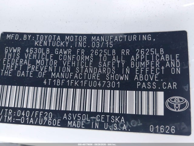 2015 Toyota Camry Se მანქანა იყიდება აუქციონზე, vin: 4T1BF1FK1FU047301, აუქციონის ნომერი: 46179856