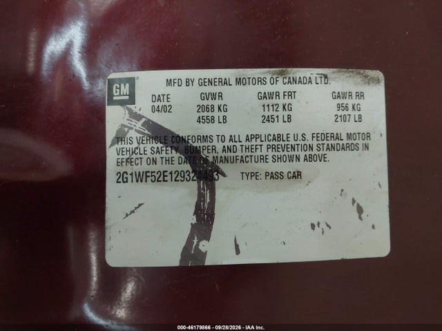 46179866 :رقم المزاد ، 2G1WF52E129324493 vin ، 2002 Chevrolet Impala مزاد بيع