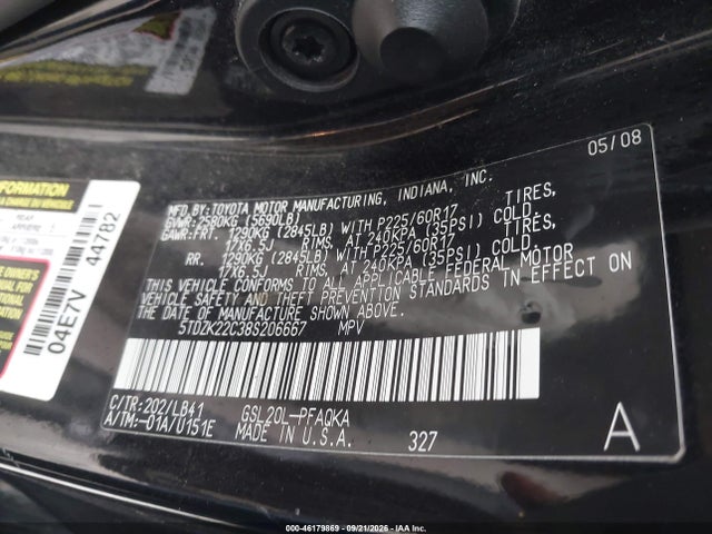 46179869 :رقم المزاد ، 5TDZK22C38S206667 vin ، 2008 Toyota Sienna Limited مزاد بيع