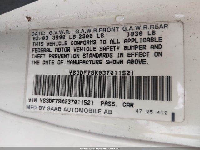 Продаж на аукціоні авто 2003 Saab 9-3 Se, vin: YS3DF78K037011521, номер лоту: 46179886