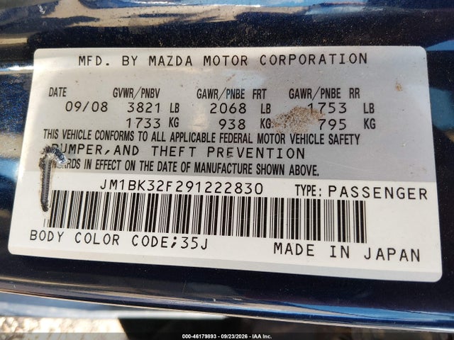 Продажа на аукционе авто 2009 Mazda Mazda3 I, vin: JM1BK32F291222830, номер лота: 46179893
