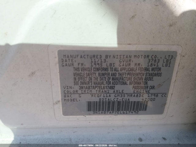 46179894 :رقم المزاد ، 3N1AB7AP7EL617492 vin ، 2014 Nissan Sentra S مزاد بيع