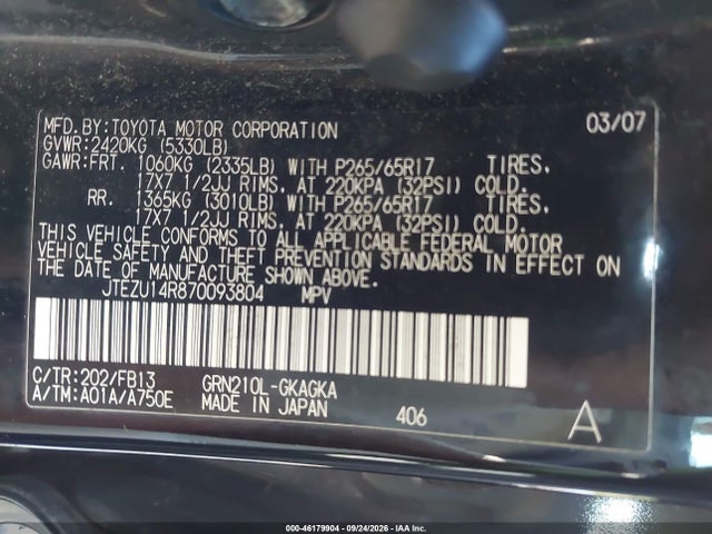 2007 Toyota 4runner Sport V6 მანქანა იყიდება აუქციონზე, vin: JTEZU14R870093804, აუქციონის ნომერი: 46179904
