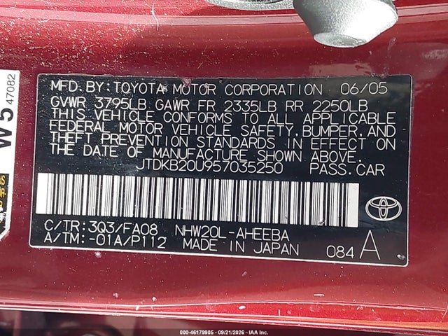 Aukcja sprzedaży 2005 Toyota Prius, vin: JTDKB20U957035250, numer aukcji: 46179905