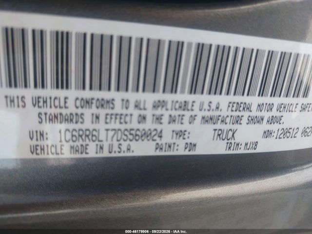 46179906 :رقم المزاد ، 1C6RR6LT7DS560024 vin ، 2013 Ram 1500 Big Horn مزاد بيع