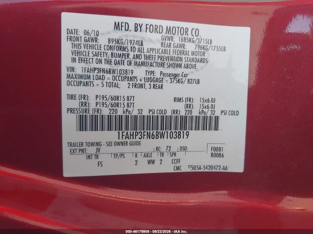 Продажа на аукционе авто 2011 Ford Focus Se, vin: 1FAHP3FN6BW103819, номер лота: 46179909