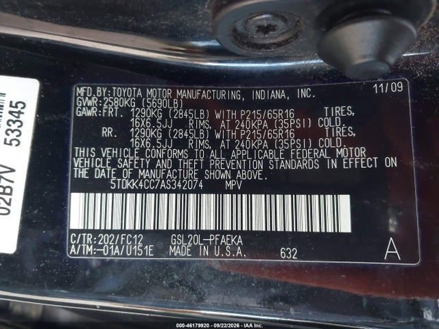 Продажа на аукционе авто 2010 Toyota Sienna Le, vin: 5TDKK4CC7AS342074, номер лота: 46179920
