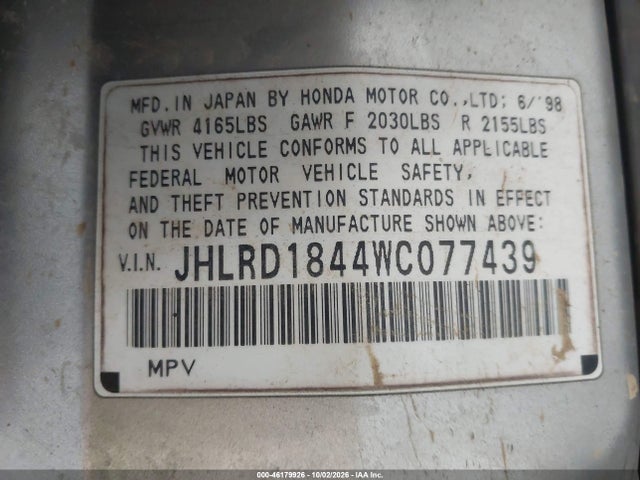Продаж на аукціоні авто 1998 Honda Cr-v Lx, vin: JHLRD1844WC077439, номер лоту: 46179926