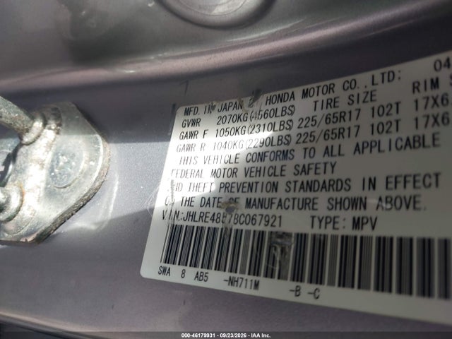 2008 Honda Cr-v Ex მანქანა იყიდება აუქციონზე, vin: JHLRE48578C067921, აუქციონის ნომერი: 46179931