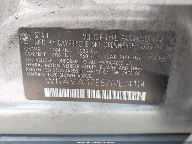 46179941 :رقم المزاد ، WBAVA37557NL14114 vin ، 2007 Bmw 328i مزاد بيع