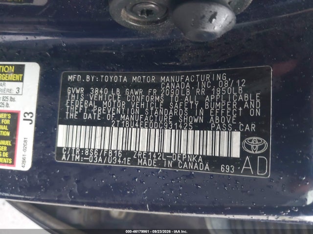 46179961 :رقم المزاد ، 2T1BU4EE0DC931425 vin ، 2013 Toyota Corolla Le مزاد بيع