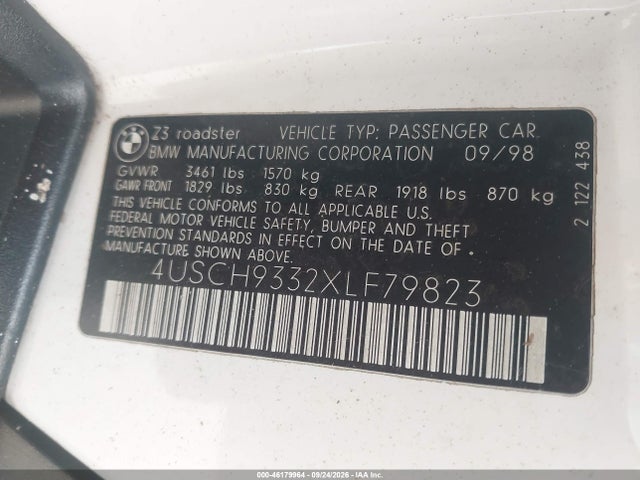 46179964 :رقم المزاد ، 4USCH9332XLF79823 vin ، 1999 Bmw Z3 2.3 مزاد بيع