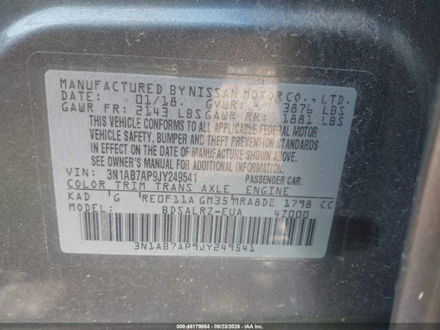 Продаж на аукціоні авто 2018 Nissan Sentra Sr, vin: 3N1AB7AP9JY249541, номер лоту: 46179984