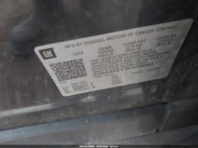 Продажа на аукционе авто 2019 Chevrolet Equinox Lt, vin: 2GNAXKEV3K6206544, номер лота: 46179998