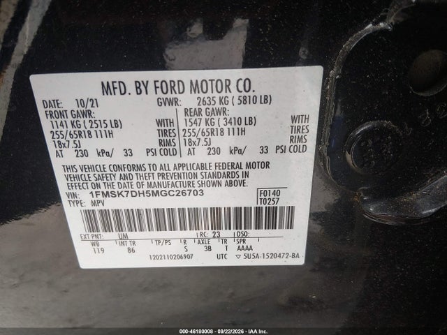 Продажа на аукционе авто 2021 Ford Explorer Xlt, vin: 1FMSK7DH5MGC26703, номер лота: 46180008