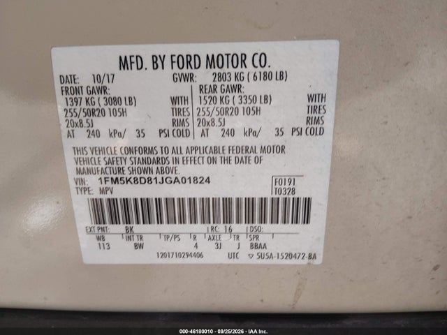2018 Ford Explorer Xlt მანქანა იყიდება აუქციონზე, vin: 1FM5K8D81JGA01824, აუქციონის ნომერი: 46180010