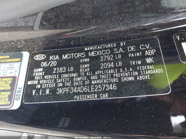 2020 Kia Forte Gt-line მანქანა იყიდება აუქციონზე, vin: 3KPF34AD6LE257346, აუქციონის ნომერი: 46180037