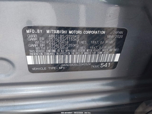 Aukcja sprzedaży 2020 Mitsubishi Outlander Sel 2.4, vin: JA4AD3A35LZ040524, numer aukcji: 46180041