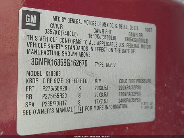 Продаж на аукціоні авто 2008 Chevrolet Suburban 1500 Ltz, vin: 3GNFK16358G162670, номер лоту: 46180055