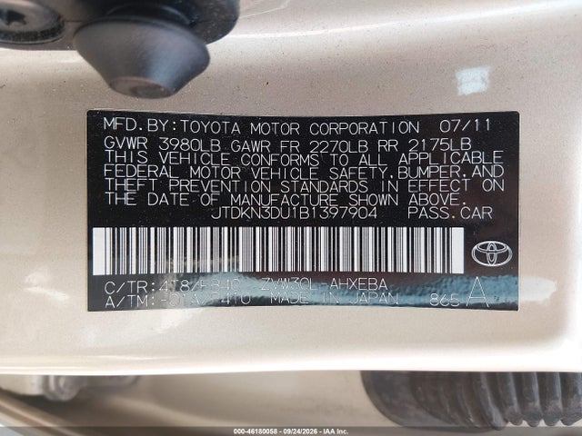 46180058 :رقم المزاد ، JTDKN3DU1B1397904 vin ، 2011 Toyota Prius Two مزاد بيع