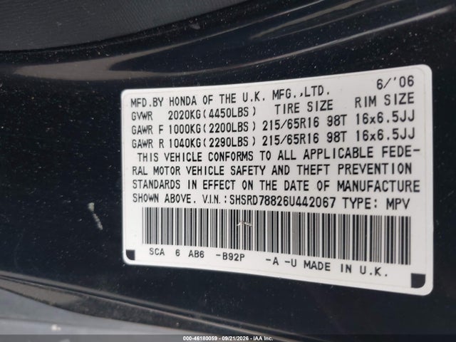 Auction sale of the 2006 Honda Cr-v Ex, vin: SHSRD78826U442067, lot number: 46180059