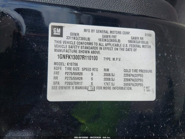 46180060 :رقم المزاد ، 1GNFK13007R110100 vin ، 2007 Chevrolet Tahoe Ltz مزاد بيع
