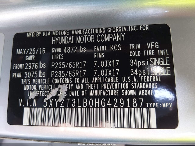 5XYZT3LB0HG429187 Hyundai Santa Fe Sport 2.4l