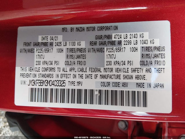 Продаж на аукціоні авто 2021 Mazda Cx-5 Sport, vin: JM3KFBBM3M0403325, номер лоту: 46180076
