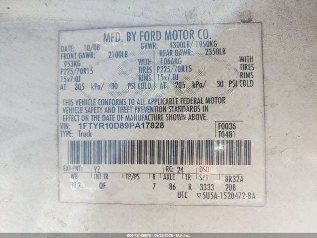 2009 Ford Ranger Sport/xl/xlt მანქანა იყიდება აუქციონზე, vin: 1FTYR10D89PA17828, აუქციონის ნომერი: 46180078