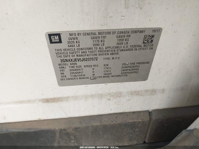 46180086 :رقم المزاد ، 2GNAXJEV5J6207672 vin ، 2018 Chevrolet Equinox Lt مزاد بيع