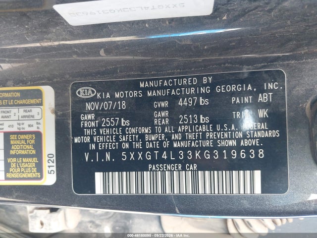 46180095 :رقم المزاد ، 5XXGT4L33KG319638 vin ، 2019 Kia Optima Lx مزاد بيع