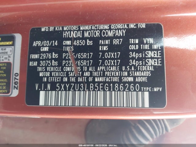 2014 Hyundai Santa Fe Sport 2.4l მანქანა იყიდება აუქციონზე, vin: 5XYZU3LB5EG186260, აუქციონის ნომერი: 46180100
