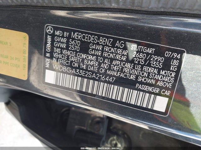 46180102 :رقم المزاد ، WDBGA33E2SA216447 vin ، 1995 Mercedes-benz S 320 مزاد بيع