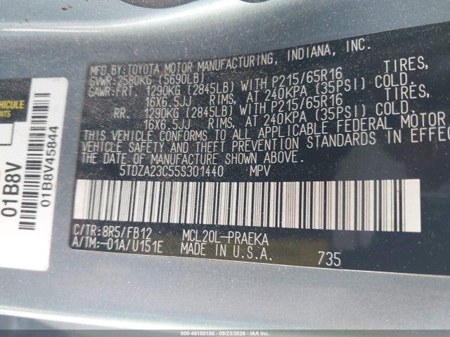 2005 Toyota Sienna Le მანქანა იყიდება აუქციონზე, vin: 5TDZA23C55S301440, აუქციონის ნომერი: 46180106