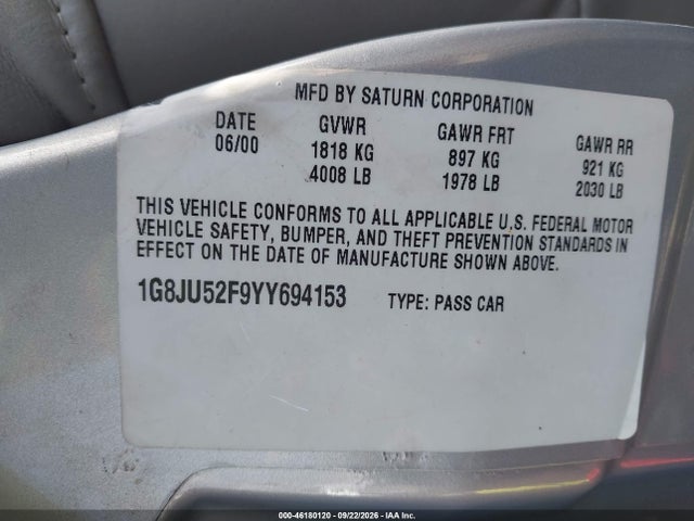 2000 Saturn Ls1 მანქანა იყიდება აუქციონზე, vin: 1G8JU52F9YY694153, აუქციონის ნომერი: 46180120