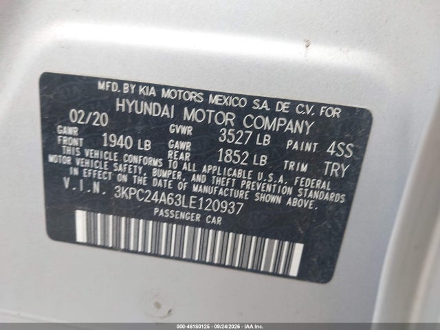 Продажа на аукционе авто 2020 Hyundai Accent Se, vin: 3KPC24A63LE120937, номер лота: 46180125