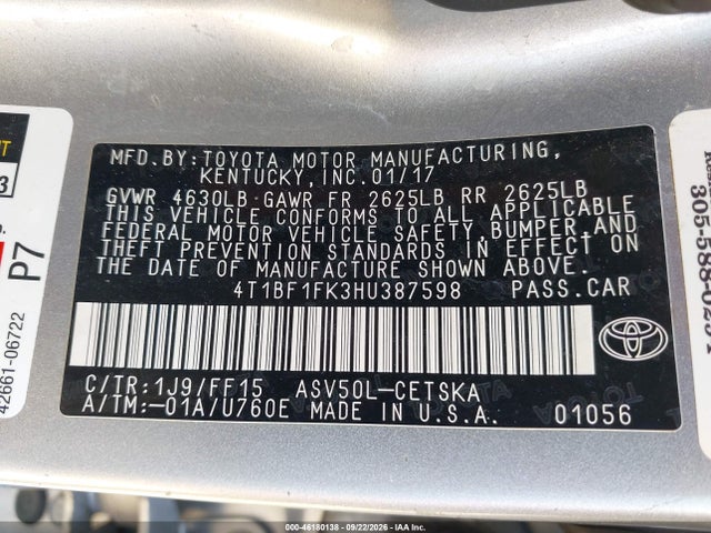 46180138 :رقم المزاد ، 4T1BF1FK3HU387598 vin ، 2017 Toyota Camry Se مزاد بيع